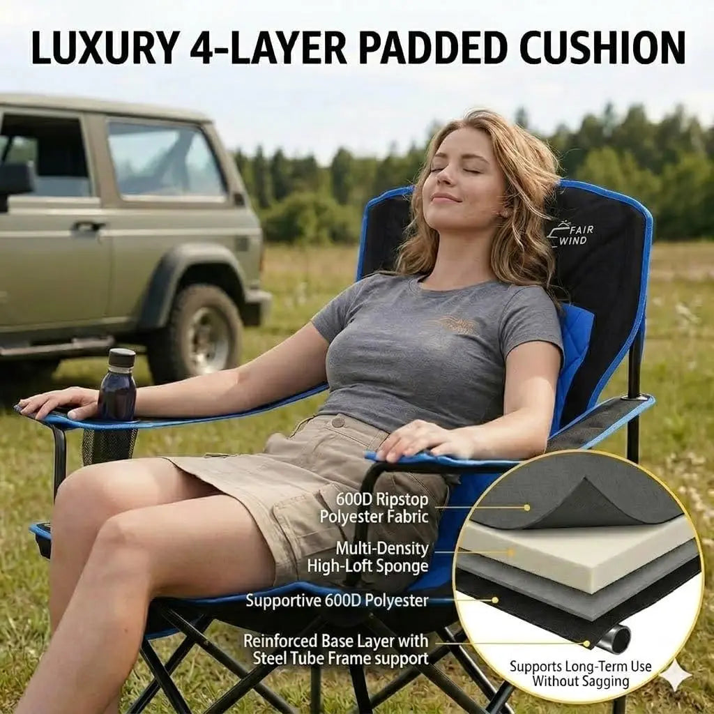 Camping Chair 2 Pack 400LBS Capacity Heavy Duty Padded Portable with Side Pocket & Cup Holder for Outdoor, Beach, Sports