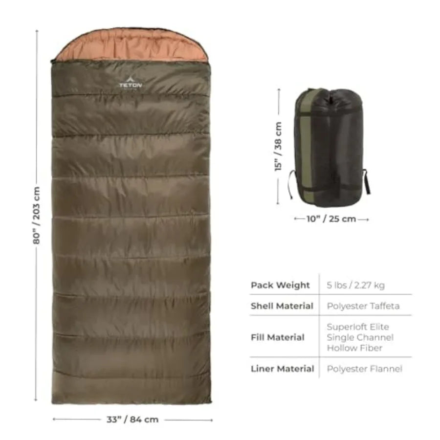 Camping sleeping bag for adults and kids, polyester shell, black, 25F/20F/0F rated, all-weather warmth with travel sack include