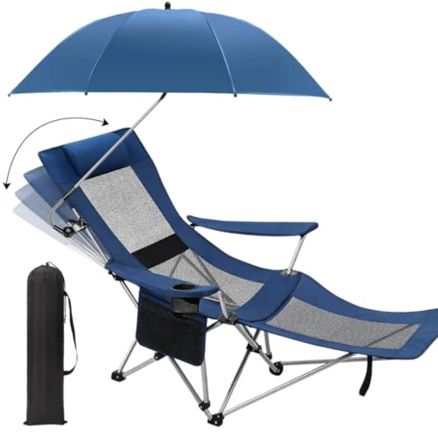 2 in 1 Beach Chair with Umbrella Folding Camping Reclining Chair with Sunshade Headrest Footrest 4 Position Adjustable Mesh Lou