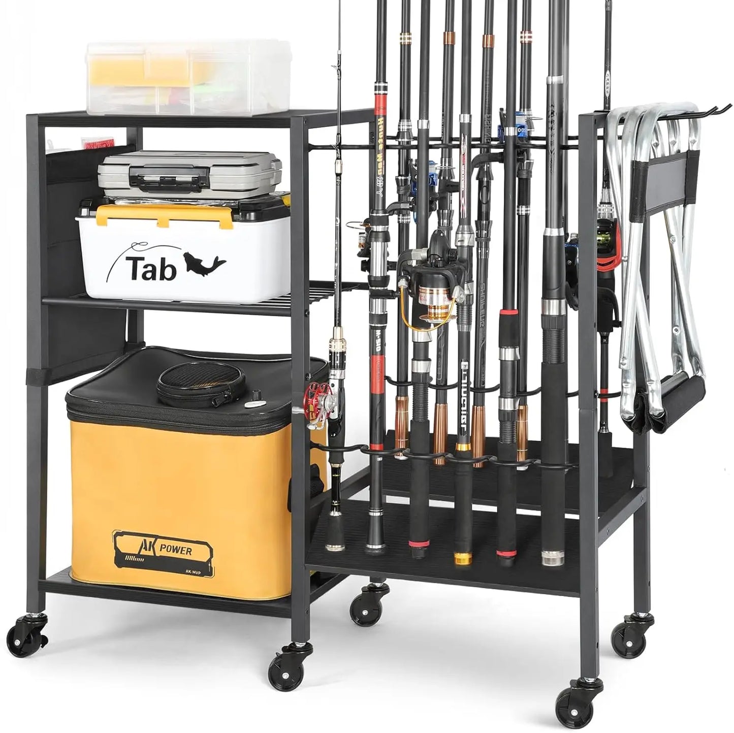 Rolling Fishing Rod Rack for Garage & Boat, Tackle Box & Reel Holder Cart, Easy Assembly Gear Management System