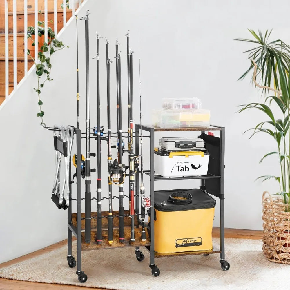 Rolling Fishing Rod Rack for Garage & Boat, Tackle Box & Reel Holder Cart, Easy Assembly Fishing Gear Management, Birthday Gift for Men Dad Anglers