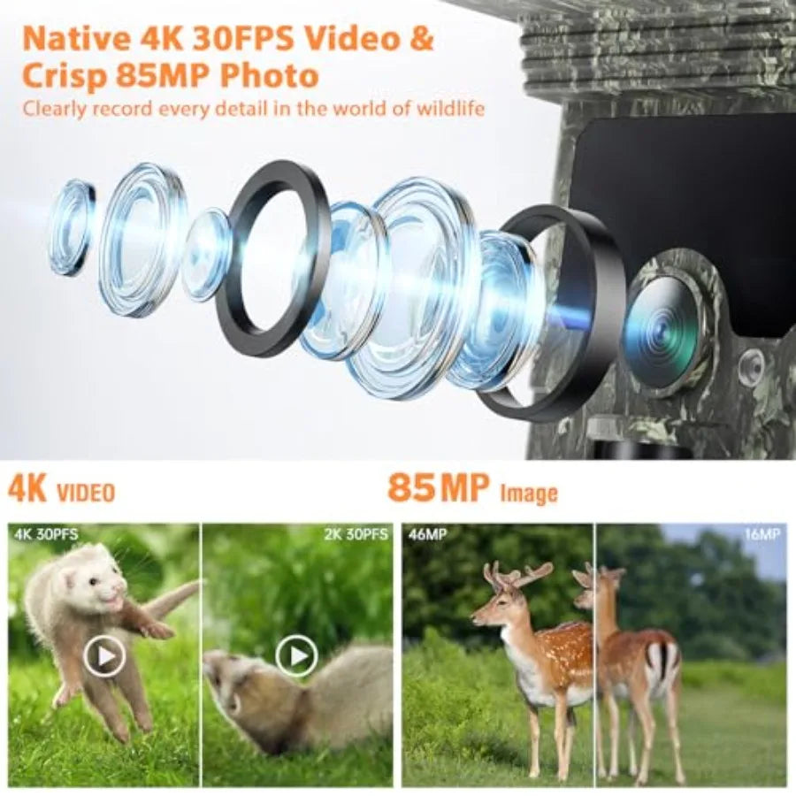 Outdoor wildlife trail camera with 4K/85MP resolution, solar-powered WiFi/Bluetooth connectivity, black IP66-rated housing, bui
