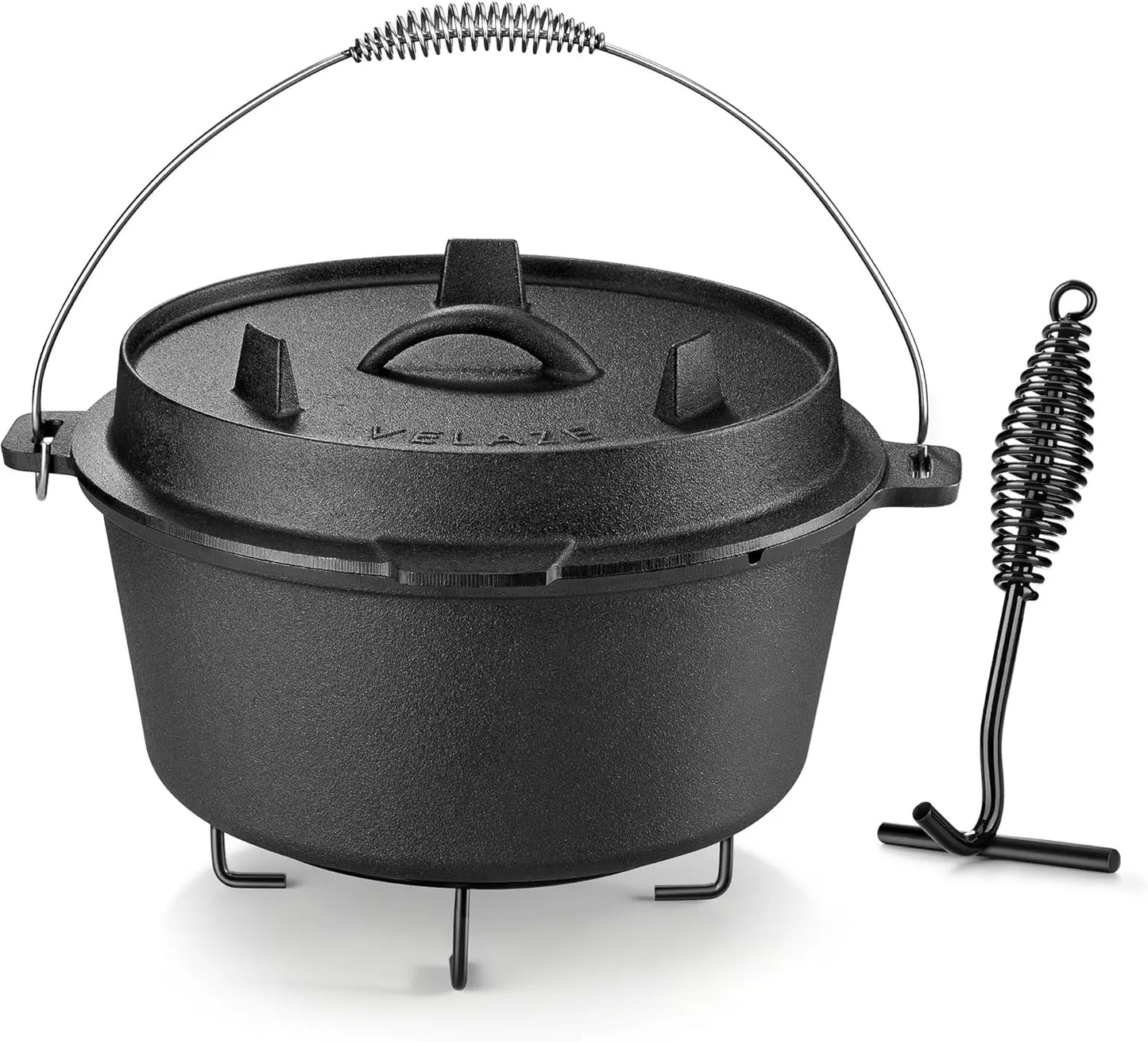 10QT Cast Iron Camping Dutch Oven, Pre-Seasoned with Lid, for Stove, Grill, Oven or Campfire, Metal Handle & Lid Lifter Included
