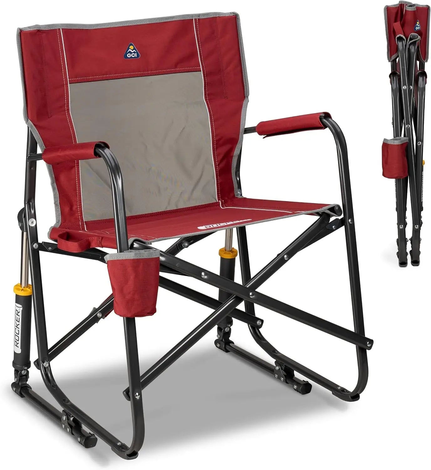 OUTDOOR Freestyle Rocker XL with Side Table Camping Chair | Portable Folding Rocking Chair with Solid, Durable Armrests, Drink Holder & Comfortable Backrest — Red