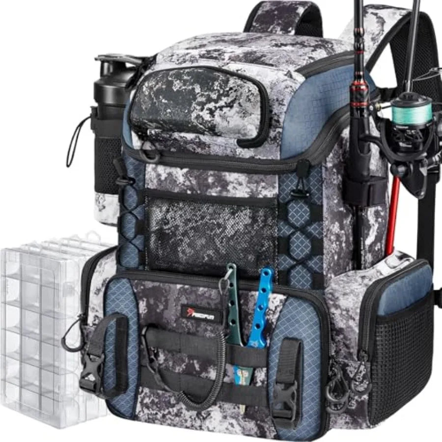 Fishing Tackle Backpack with Rod Holders and 4 Tackle Boxes, 42L Outdoor Fishing Bag with Waterproof Rain Cover
