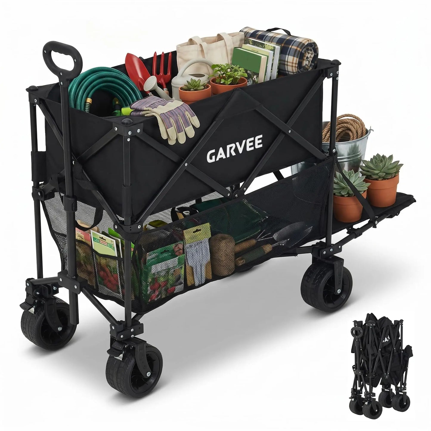 Collapsible Wagon Cart 220lb Foldable Utility Wagon With Canopy 120L Expandable Storage Cup Holders For Camping Beach