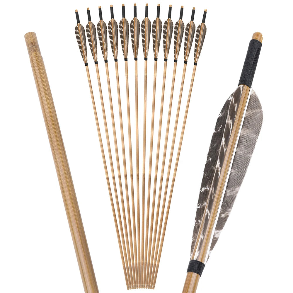 12pcs 33'' Archery Bamboo Arrows 5" Natural Feather with Arrowheads Archery Longbow Traditional Bow Hunting Shooting Target