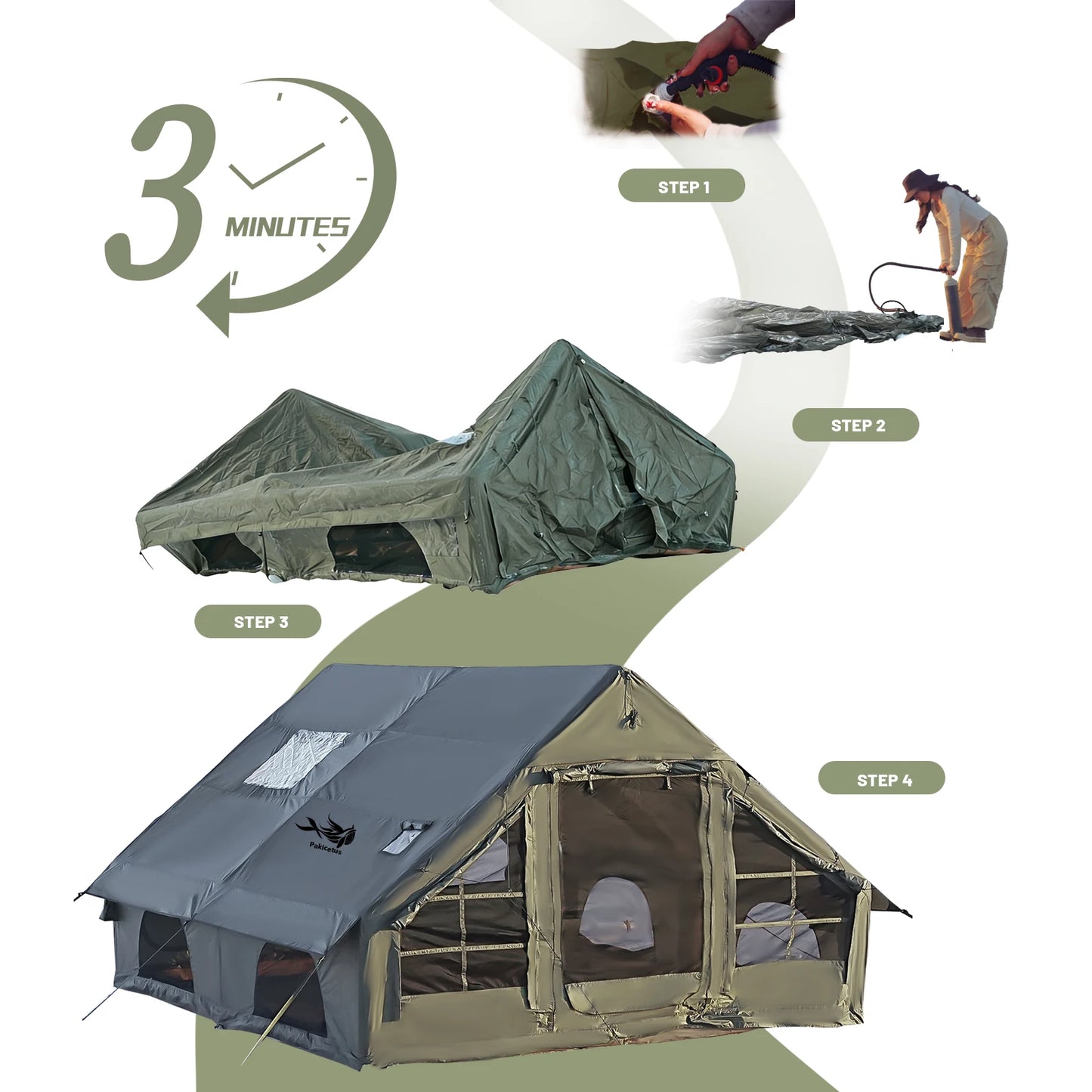 Pakicetus Quick Setup Inflatable Camping Tent, Waterproof Family Tent for 4-8 Persons, Portable Air Tent with Carry Bag