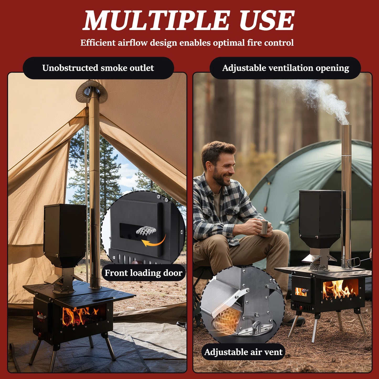 Burning Tent Stove Hot Tent Stove with Stainless Steel Construction Burner Chimney Pipes Included for Outdoor Cooking & Heating