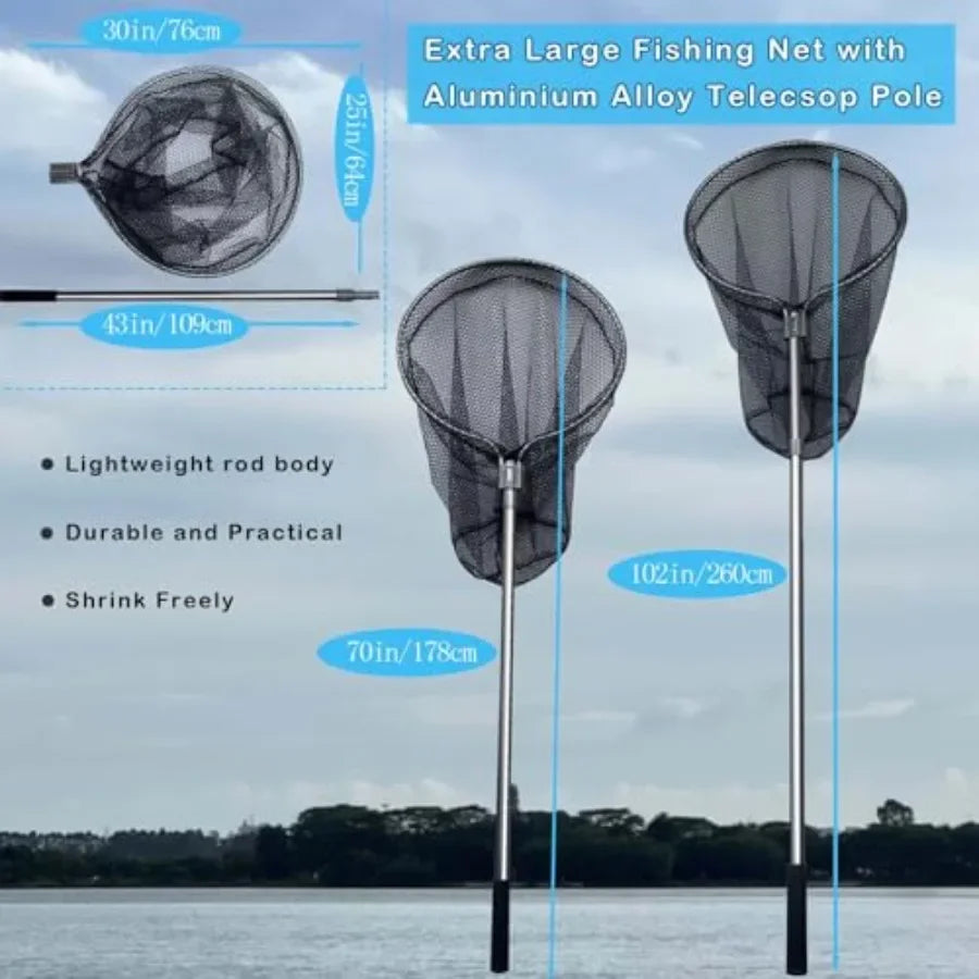 Saltwater fishing landing net with heavy-duty 37in deep mesh, extendable aluminum telescoping pole 70-102 in,black-gray color,