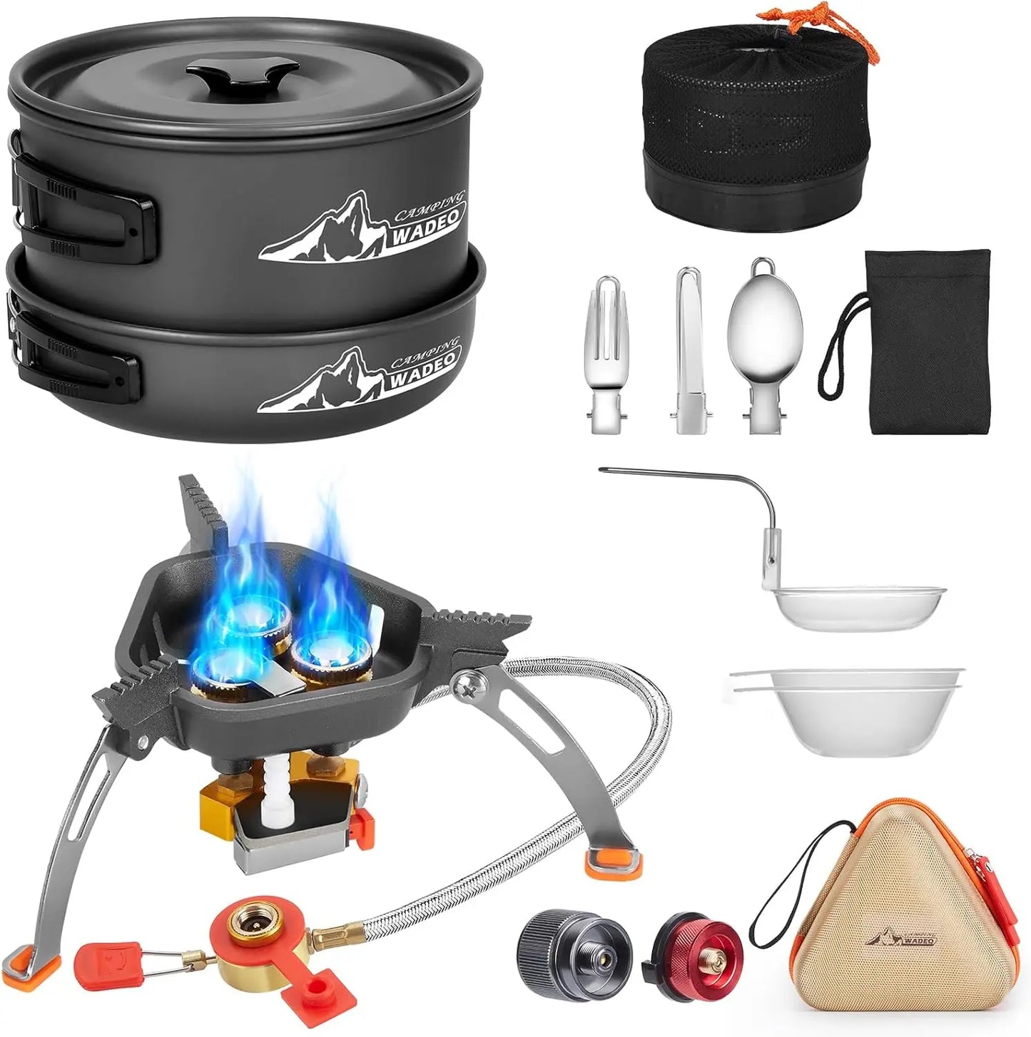 Camping Cookware Mess Kit with 7200W Stove, 14PCS Non-Stick Pot Pan Set with Utensils for Backpacking Hiking Outdoor Cooking