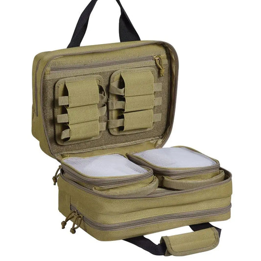 Tactical  Bag for 2 Pistol Range Case with Pouches Brown Outdoor for shooting  Lockable Zipper