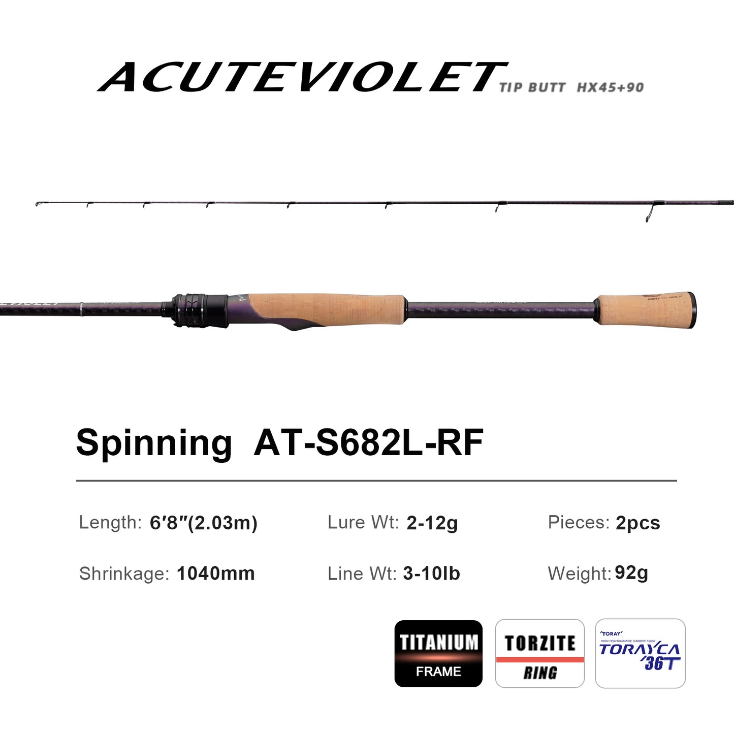 PURELURE ACUTEVIOLET Bass Fishing Rod Spinning Baitcasting Rod  36T Carbon Fiber Jerkbait Rod 2 Piece Regular Fast Action Titanium Frame Guide with Torzite Ring Carbon Reel Seat