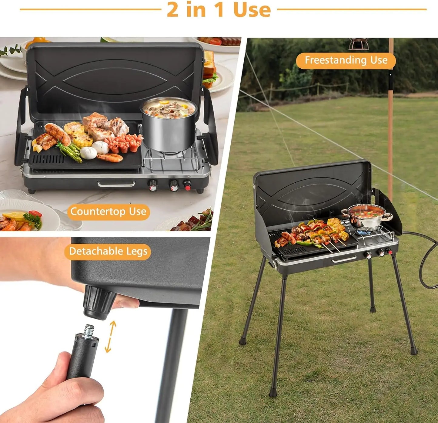 20,000 BTU Portable Propane Grill & Camping Stove, 2-in-1 BBQ Cooker with Wind Guard, Detachable Legs, for Outdoor Cooking