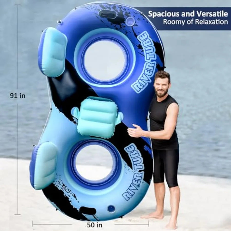 Heavy Duty Double River Tube, 2-Person Inflatable Floating Tube with Backrest, 2 Cup Holders, Handles, Oversized Inflatable Poo