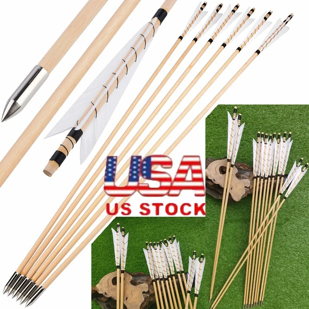 Wooden Arrows 12Pcs, 8mm Shaft with 5" Turkey Feathers, Traditional Arrows for Longbow & Recurve Bow, Ideal for Hunting, Shooting & Target Practice Accessories