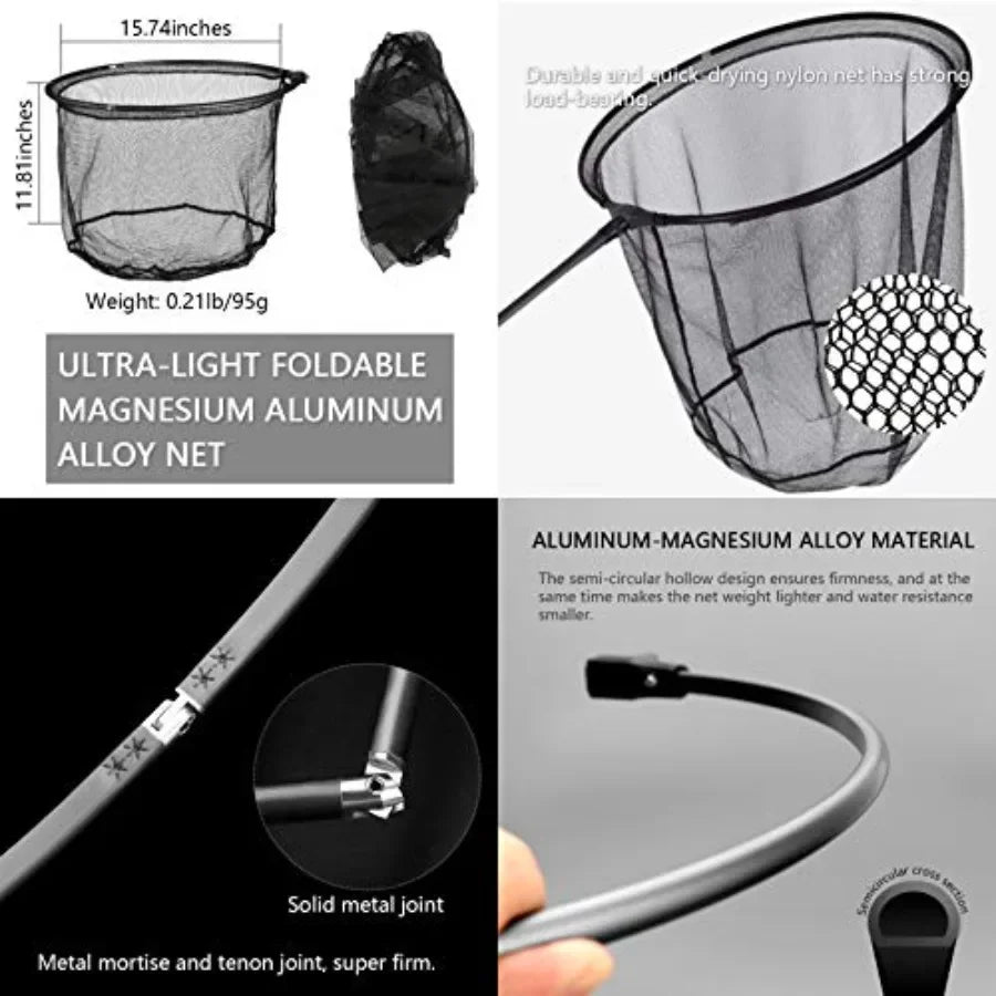 Fishing net for landing and crabbing, carbon fiber telescoping handle, black, extra long 9ft/11.15ft, rubber coated netting, ho