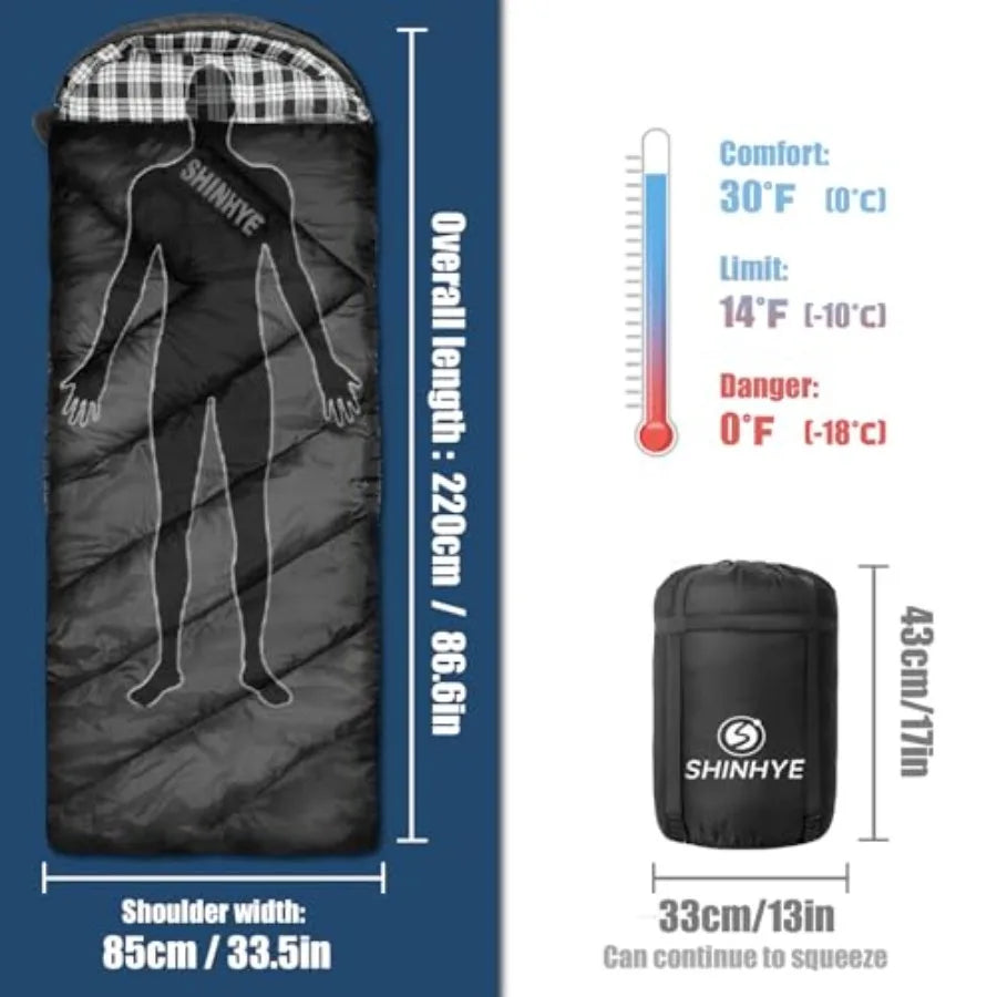 0 Degree Sleeping Bag for Adults - Cotton Flannel 4 Season Cold Weather Winter, XXL Big and Tall Camping Sleeping Bag with Comp