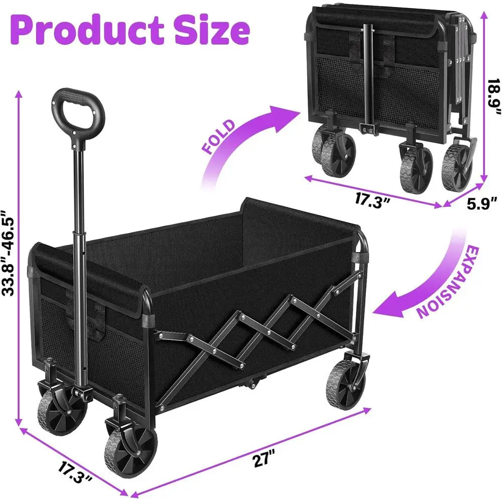 Collapsible Wagon Cart with Wheels & Drink Holders, Utility Folding Cart for Camping, Garden, Beach, Picnic, Grocery, Outdoor Sh