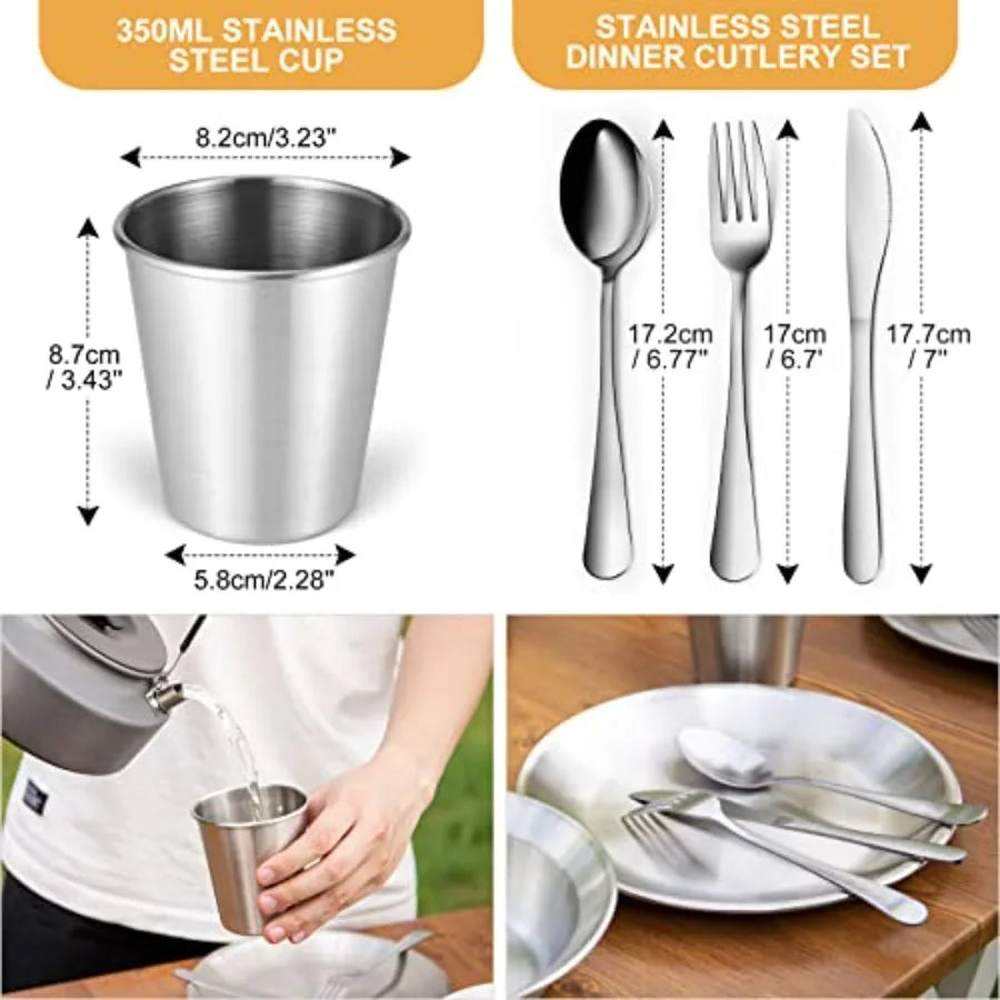 Stainless Steel Camping Mess Kit for Family and Person, Cooking Tableware Utensils with Plates Bowls Forks Spoons Knives and Sa