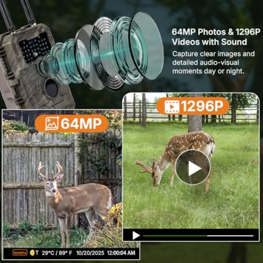 Wildlife monitoring trail camera, E6+ WiFi model, black, 64MP resolution with dual antennas and 165 ft WiFi range, no-glow nigh