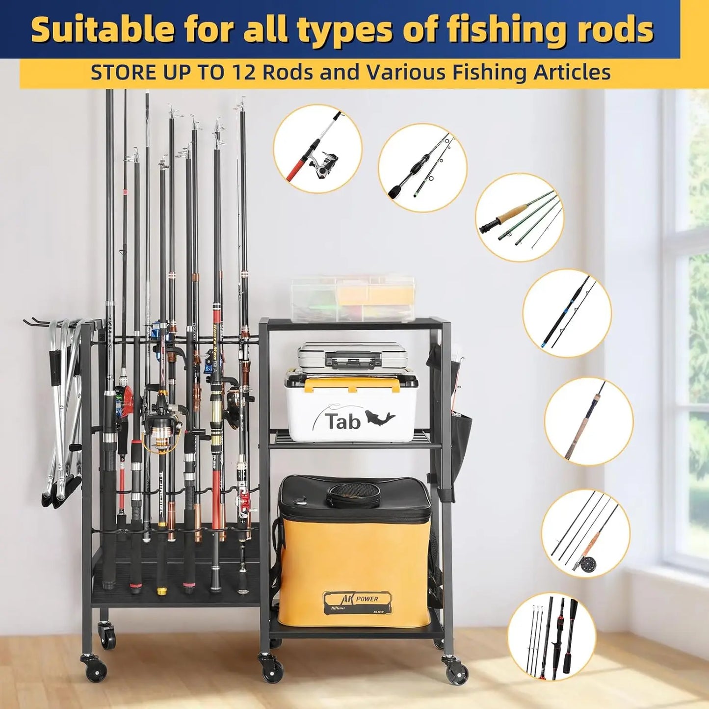 Rolling Fishing Rod Rack for Garage & Boat, Tackle Box & Reel Holder Cart, Easy Assembly Gear Management System