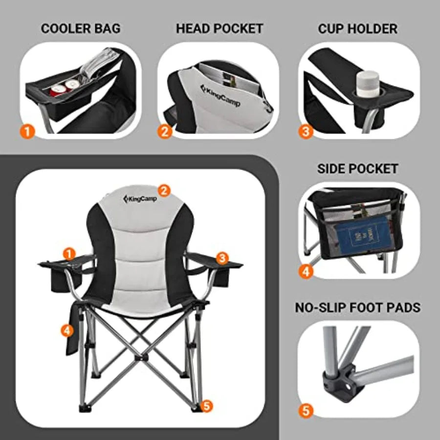 Folding Portable Camping Chairs Padded Quad Arm Chair with Cooler Bag, Cup Holder and Side Pocket, Heavy Duty Supports 300 lbs
