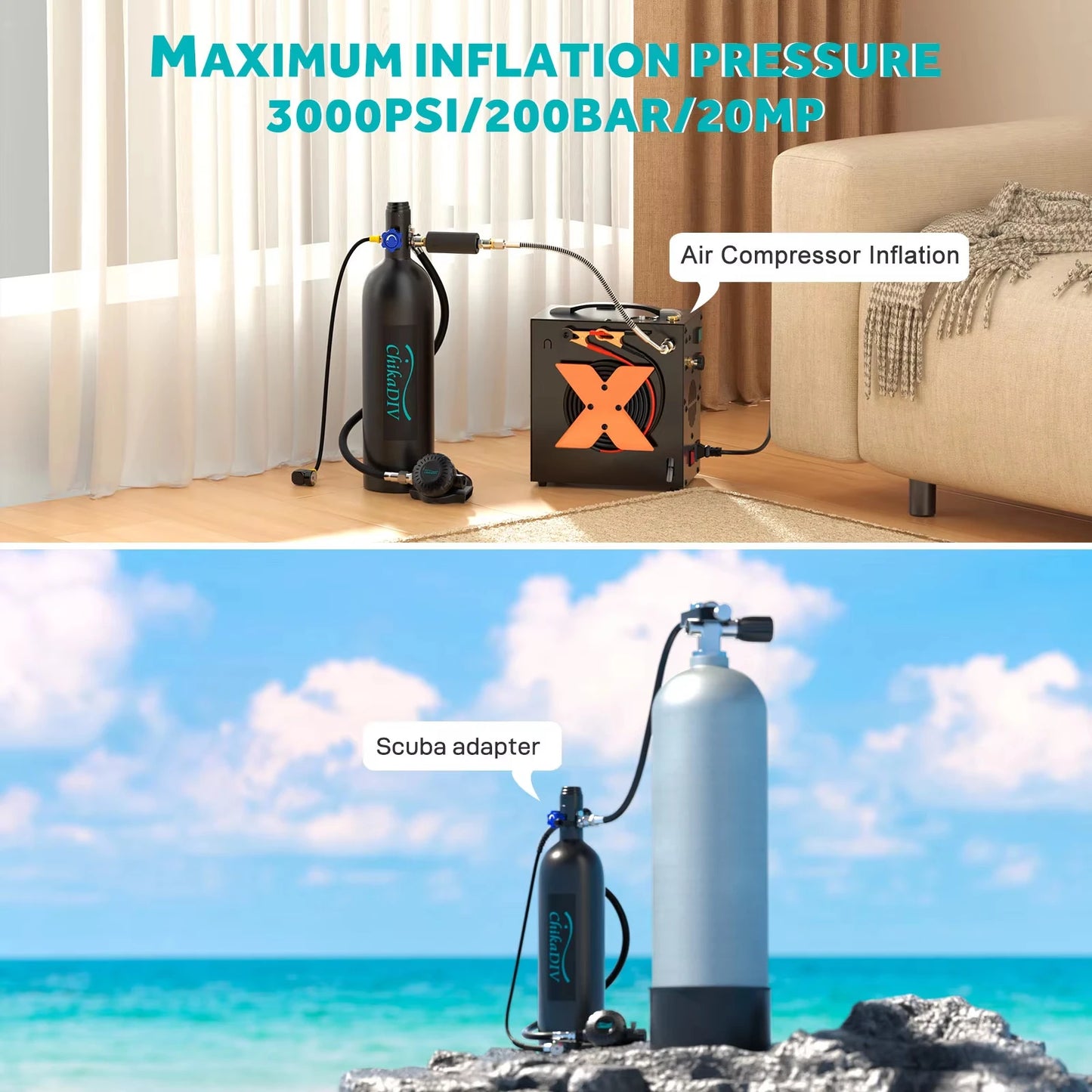 ChikaDIV S700 Mini Scuba Tank 1.9L Portable Diving Tank Reusable Scuba Pony Bottle Backup Dive Air Cylinder up to 30 Minutes