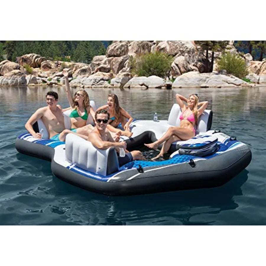 Blue Tropic Inflatable 5 Person Raft with Backrests Built-in Cooler and 4 Cupholders for Swimming Pool Island Water Floating Lo