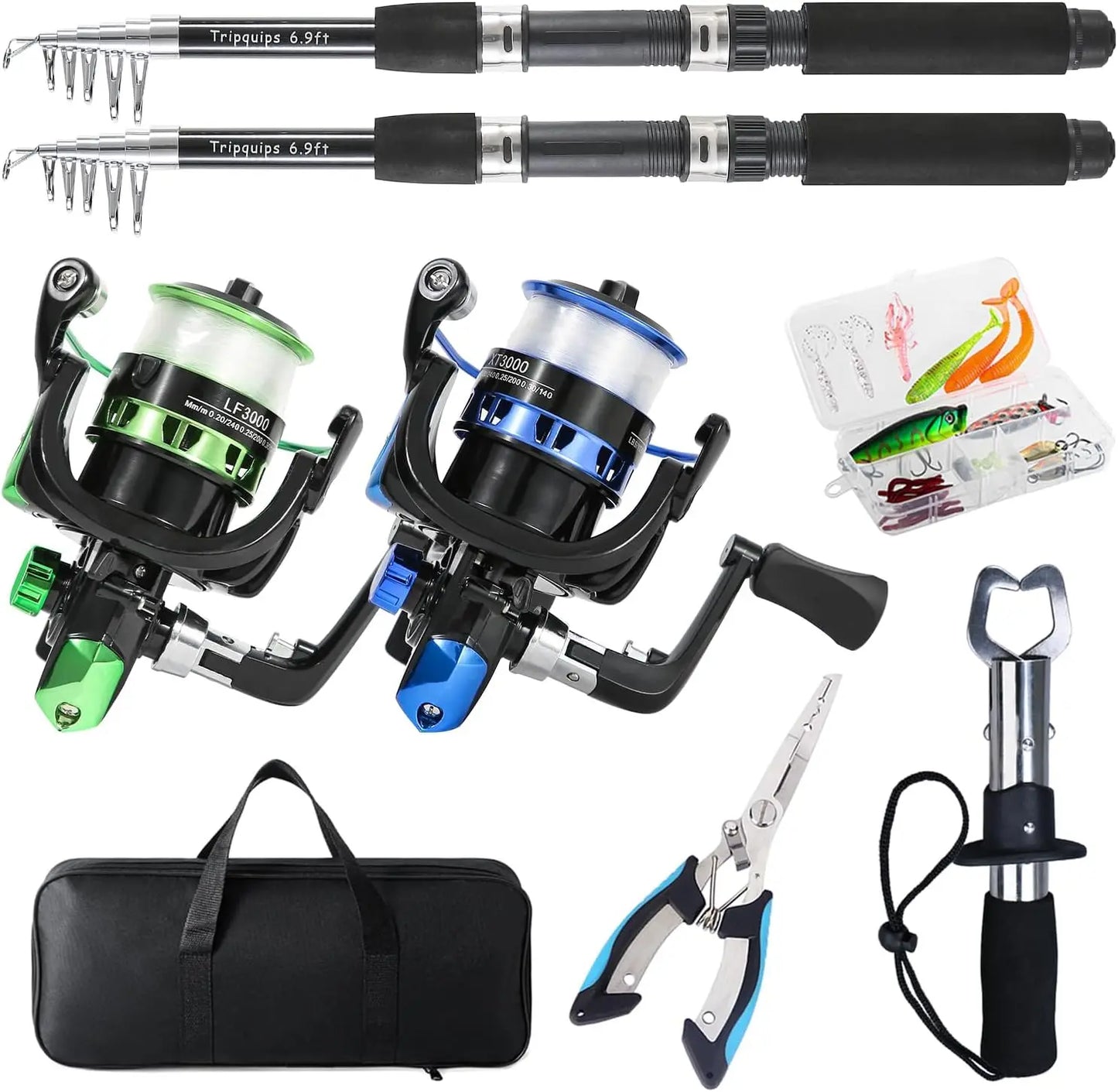 2-Piece Telescopic Fishing Rod & Reel Combo with Pliers, Lip Gripper & Carrier Bag, Pre-Loaded Spinning Reels, 6.9ft Each