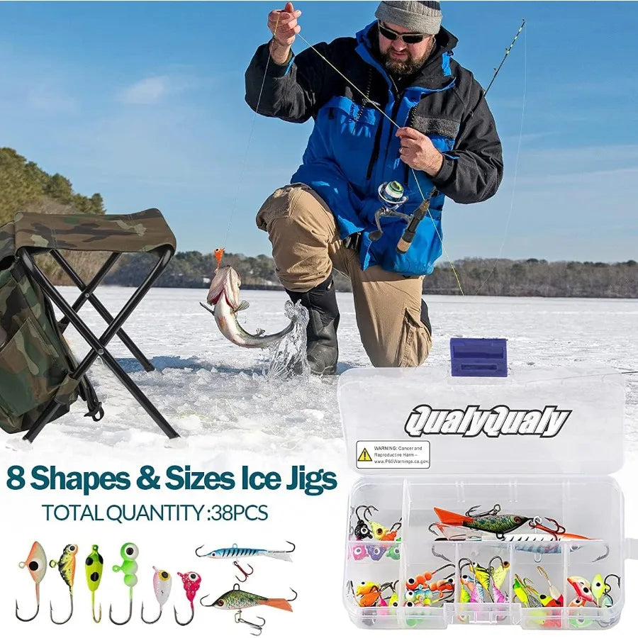 Complete Ice Fishing Gear Set with Backpack Seat Ice Cleats Jigs Line and Reel Combo for Winter Fishing in Cold Conditions Incl