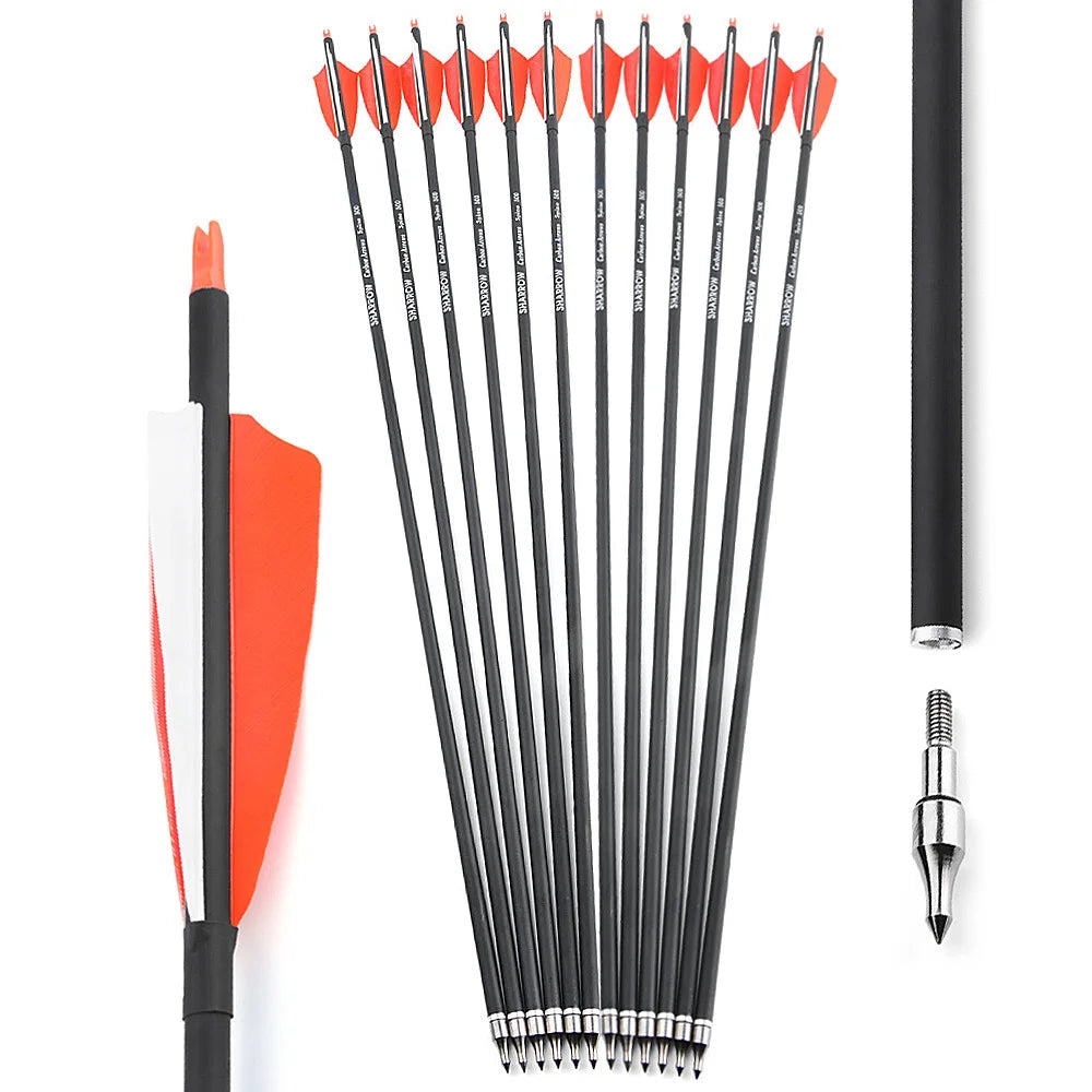 Spine500 Archery Mixed Carbon Arrows ID6.2mm OD7.8mm Shaft 100 Gr Arrowheads 4"Turkey Feather Archery Bow Hunting Shooting 12pcs