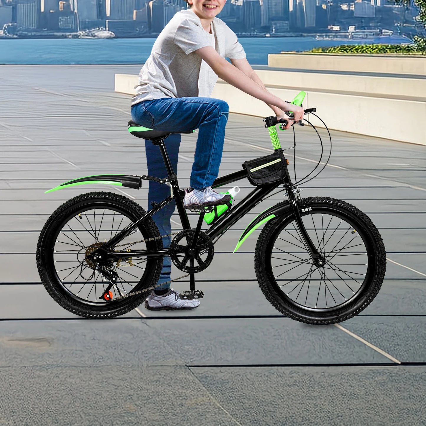 20 Inch Kids Mountain Bike 7 Speed Boys Girls Bicycle Dual Brakes Adjustable Seat 85kg Capacity with Water Bottle Bag for Ages 6-12 Red/Green