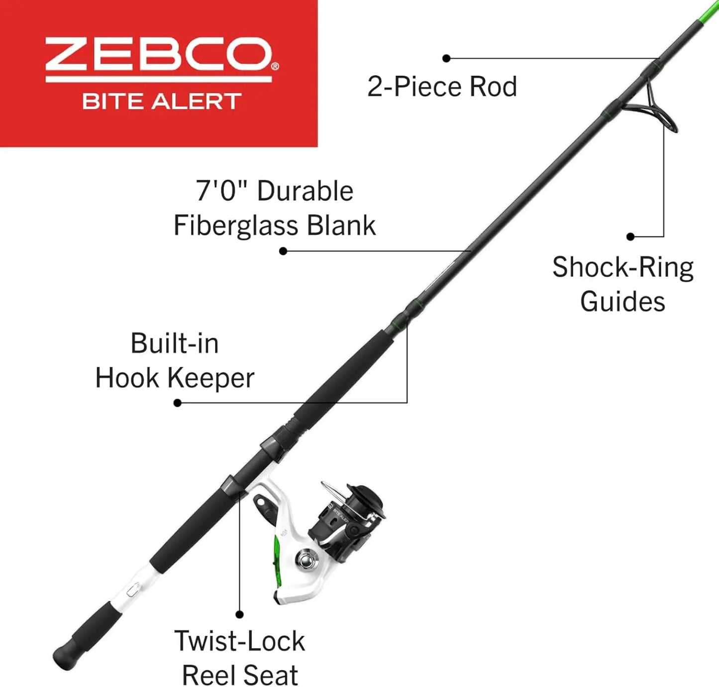 Spinning Reel & 2-Piece Fishing Rod Combo with Bite Alert - 7ft Medium-Heavy, Pre-Spooled