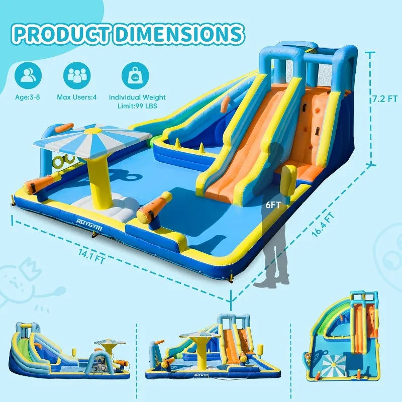 Inflatable Water Park for Kids, 16.4 ft × 14.1 ft Large Backyard Water Slides with Dual Slides, Dual Water Guns & Climbing Wall