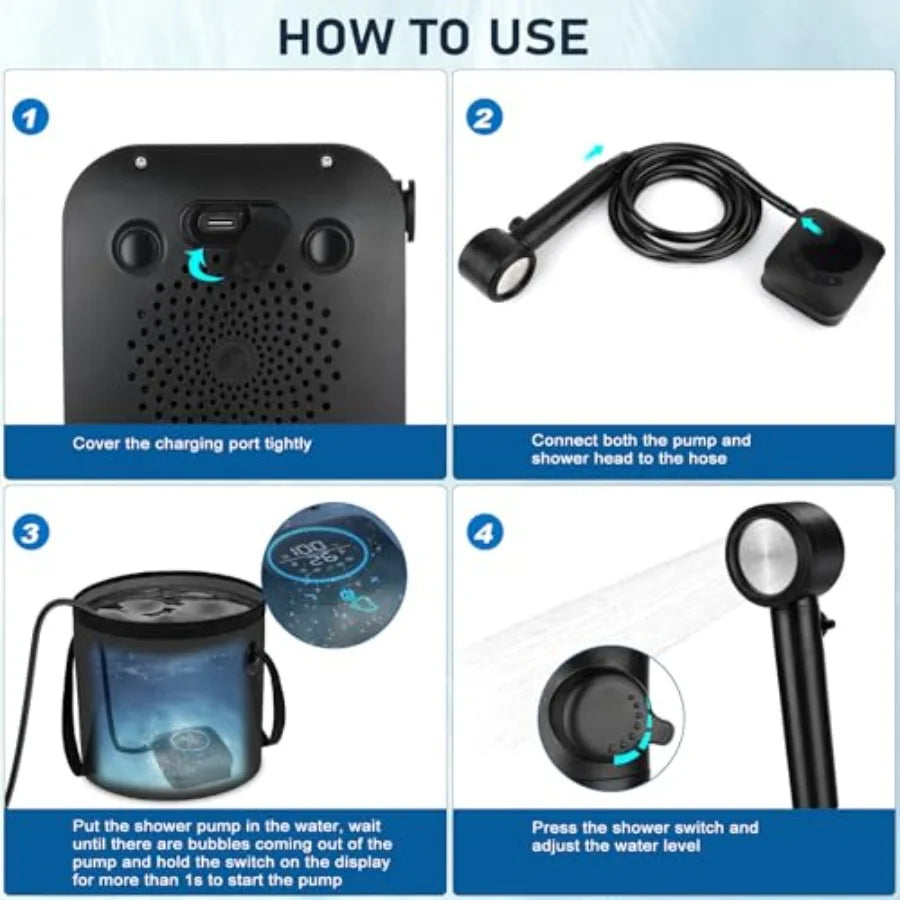 Portable Shower for Camping [Upgraded] 8000mAh Rechargeable Camping Shower with 5 Adjustable Speeds 4 Spray Modes LED Display I