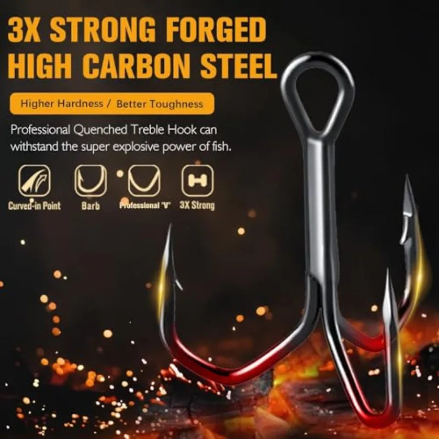 Fishing Treble Hooks, 3X Strong Forged Replacement Hooks for Lures Professional V, 3-Sided Points, High-Carbon Steel, Black Nic