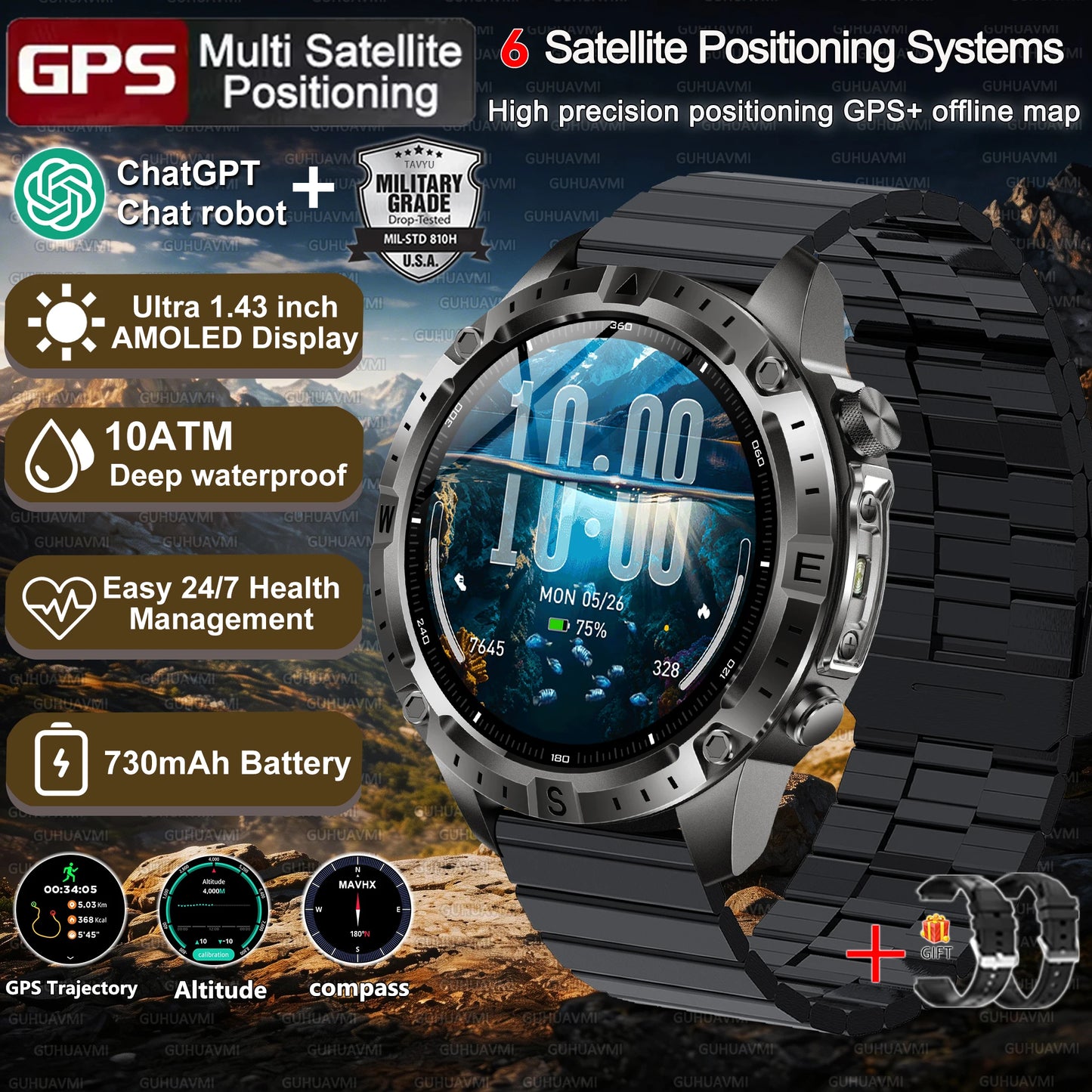 2026New Military Tank GPS SmartWatch Offline Map 10ATM Swim 2GB RAM Music Altitude Compass Bt Call Fitness Sports Smartwatch Men