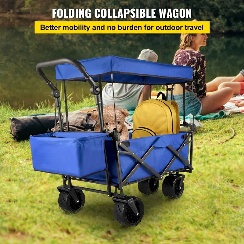 Blue Collapsible Garden Cart with Removable Canopy, Folding Wagon for Garden, Camping, Grocery, Shopping