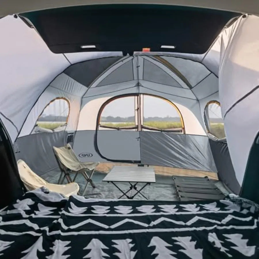 Camping SUV tent for tailgate use, polyester fabric, gray color, quick-setup with rainfly and 10'x9'x78in H spacious interior
