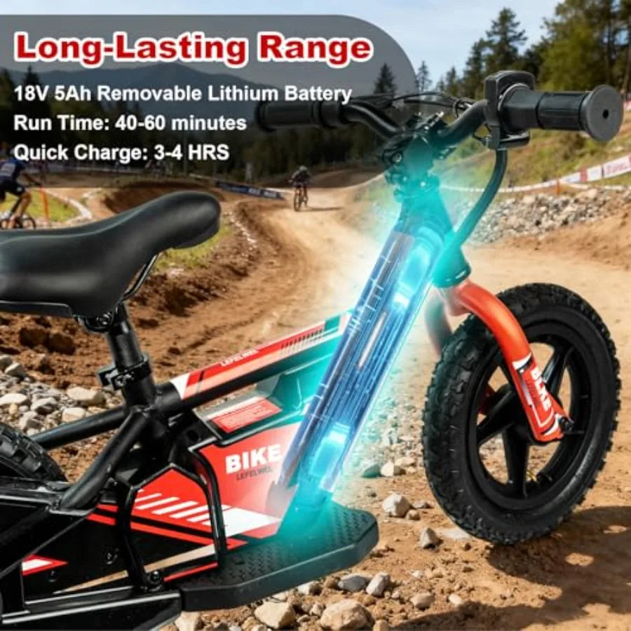 Electric balance bike for kids ages 3-5/4-8: lightweight aluminum frame, black/red color, adjustable speed up to 12 km/h, 40-mi