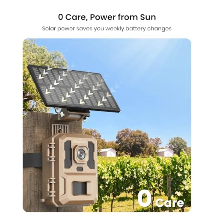 Game wildlife monitoring trail camera: solar-powered, 4K UHD, 64MP, 0.1s activation, IP66 waterproof, black, no monthly fee, ap