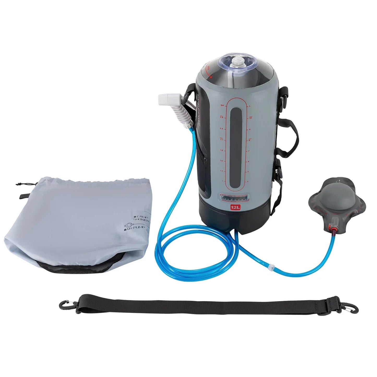 12L Camping Shower, Suitable for Camping, with Pump and 1.8 m Hose, Maximum Temperature 53 °C, Camping Shower, Solar Shower, Camping, Ideal for Garden, Car Washing, Beach, Travel and Pet Care