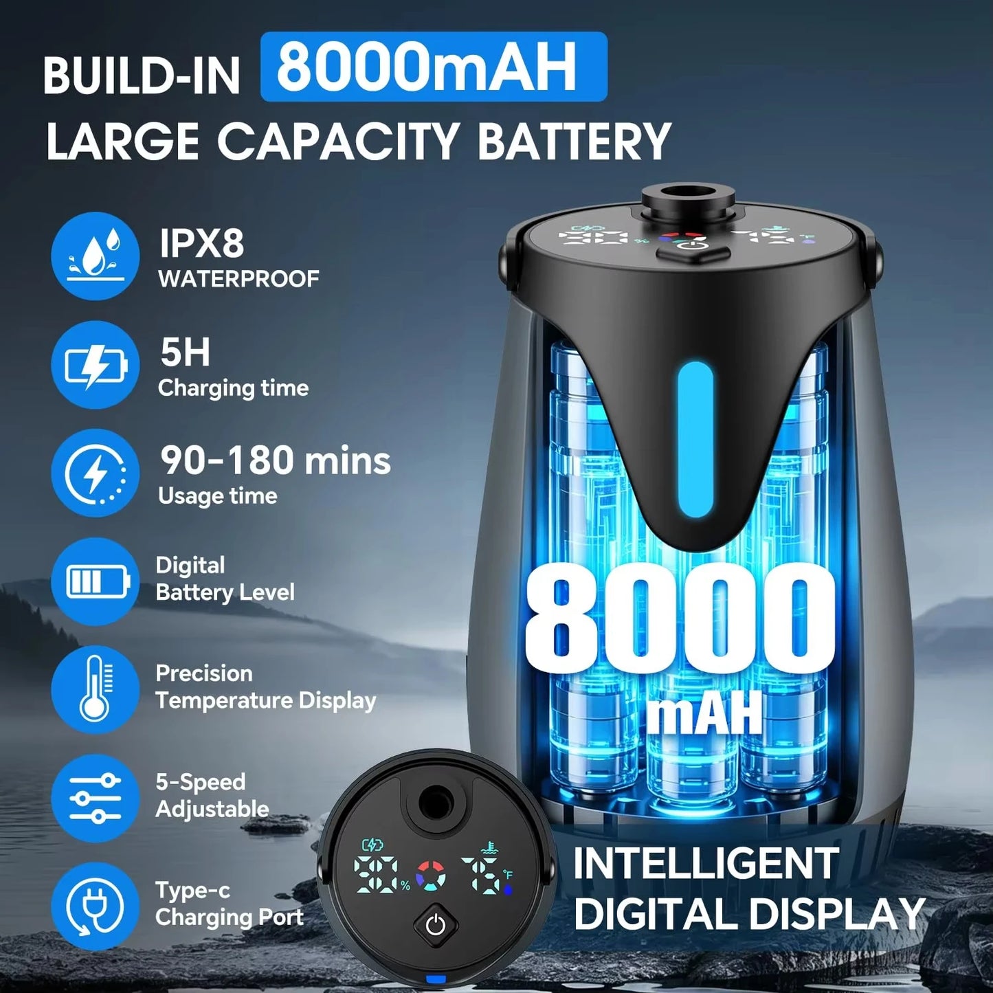 8000mAh Portable Camping Shower Kit Rechargeable Waterproof Outdoor Pump with Intelligent LED Display for Travel Car Pet