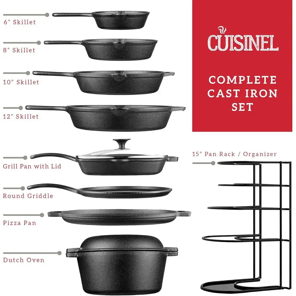 18-Piece Cast Iron Cookware Set - Pre-Seasoned Skillets, Grill Pan, Lids, Griddle, Pizza Pan, Dutch Oven, Pan Rack, Silicone Cov