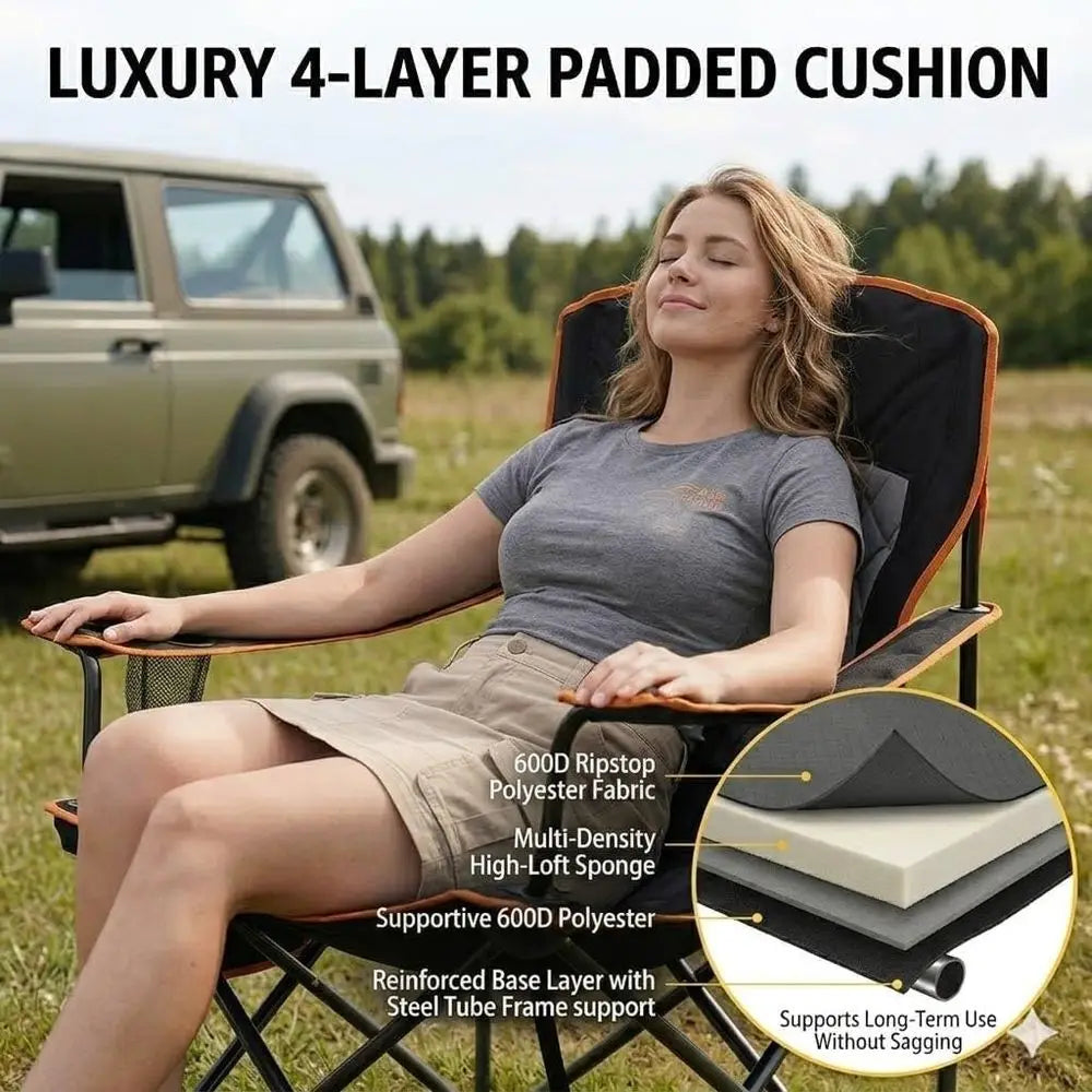 Double Pack Heavy-Duty Oversized Padded Quad Chairs with Side Pocket & Cup Holder, Suitable for Lawn, Beach, Outdoor Sports