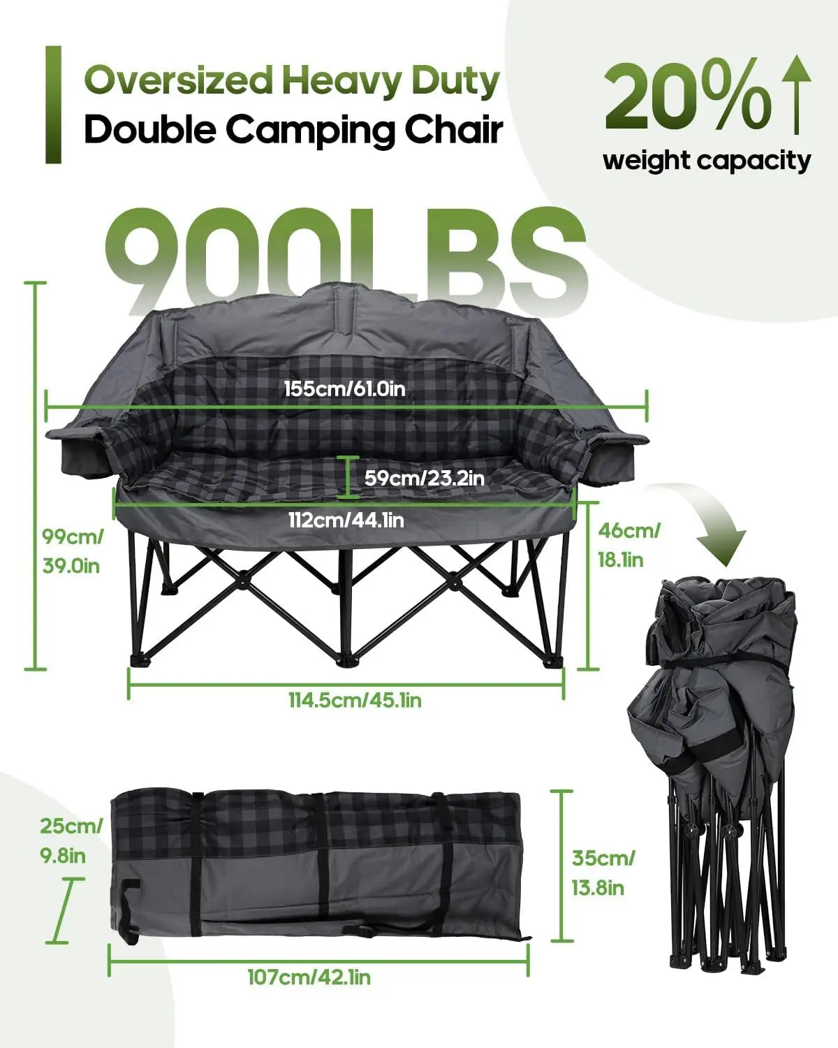 Oversized 2-Person Camping Chair with Padded Loveseat, Cup Holders, and Carry Bag for Patio Beach