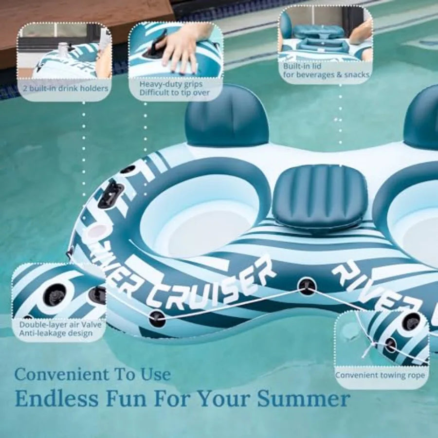 Heavy Duty 2 Person River Tubes for Floating with Cooler Inflatable Floating Lounger Premium Water Rafts Pool Float Above Lake