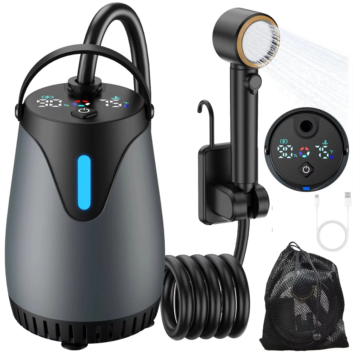 8000mAh Portable Camping Shower Kit Rechargeable Waterproof Outdoor Pump with Intelligent LED Display for Travel Car Pet