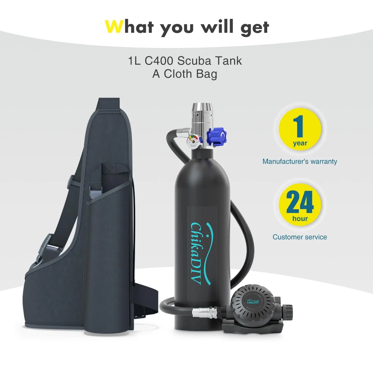 ChikaDIVE Mini Scuba Tank Portable Diving Lung Air Tank with DOT Certified Diving Oxygen Cylinder Kit for Emergency Pony Bottle for Snorkeling Underwater Breathing Training
